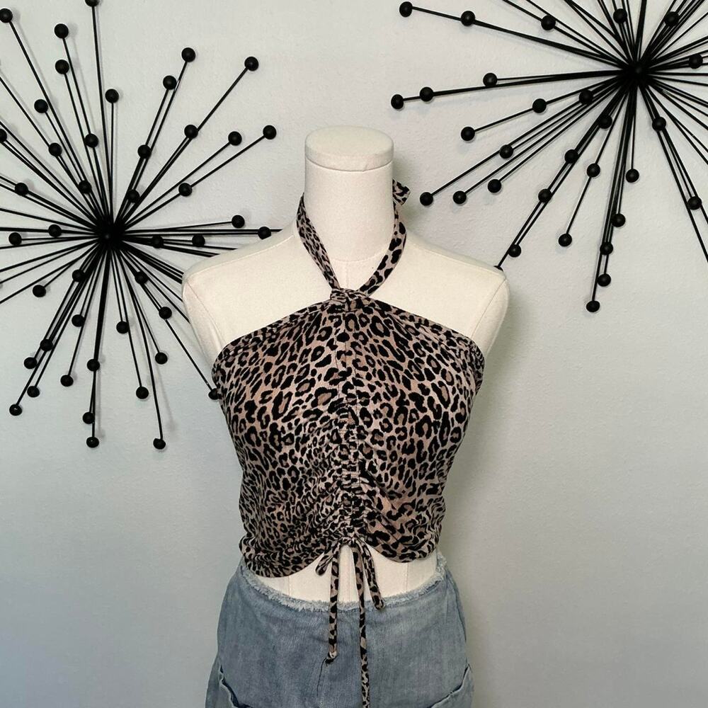 Caution to the Wind leopard print halter top ruched Y2K cheetah crop